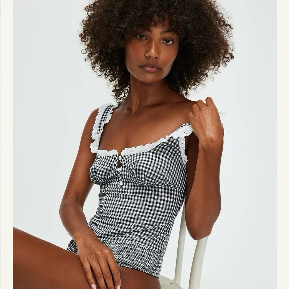 NWOT Free People Women’s Intimately Cassie Bodysuit Gingham Print & Eyelet Trim